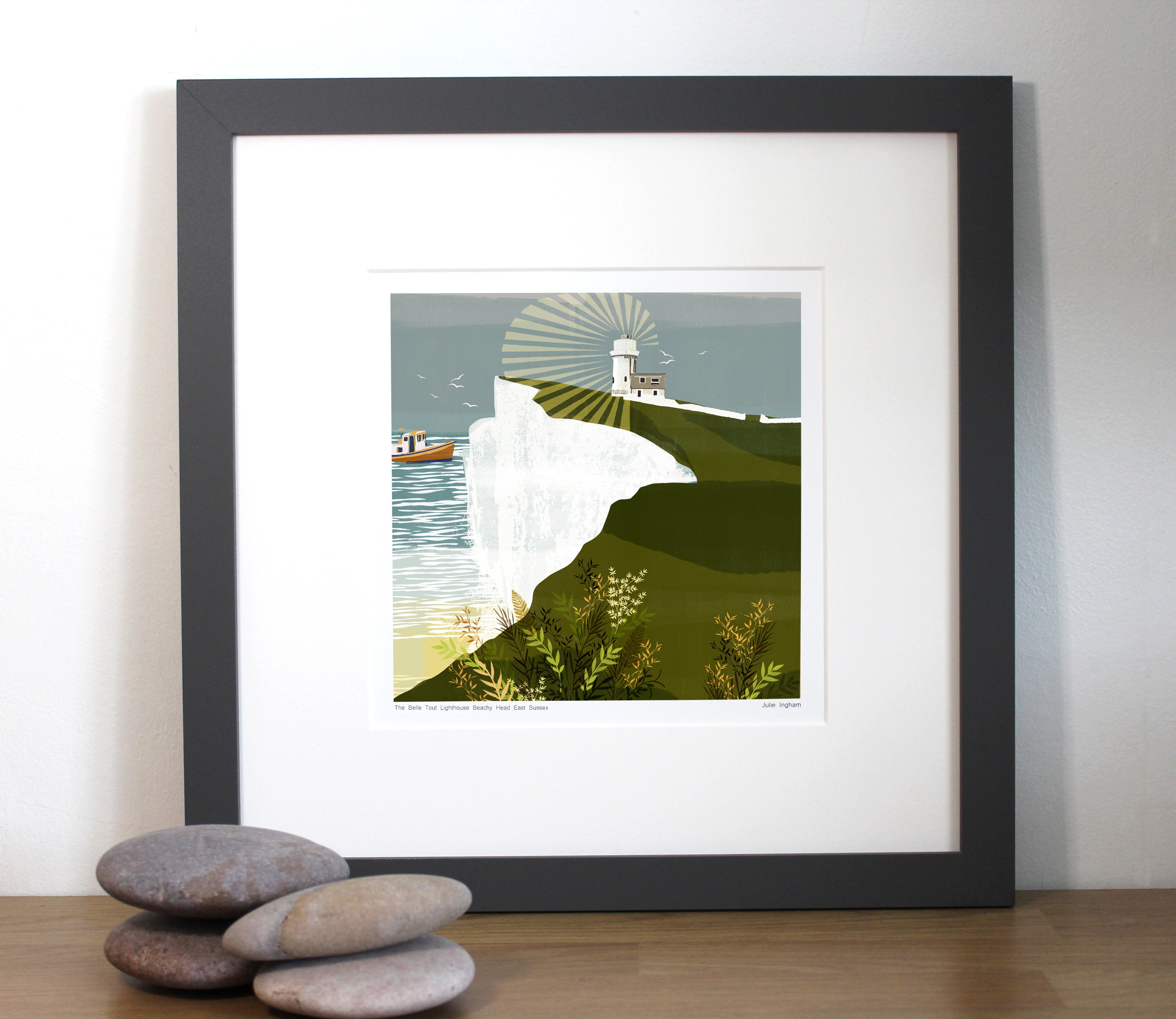 Lighthouse Pebble Art Framed Seaside Print Oystercatcher And