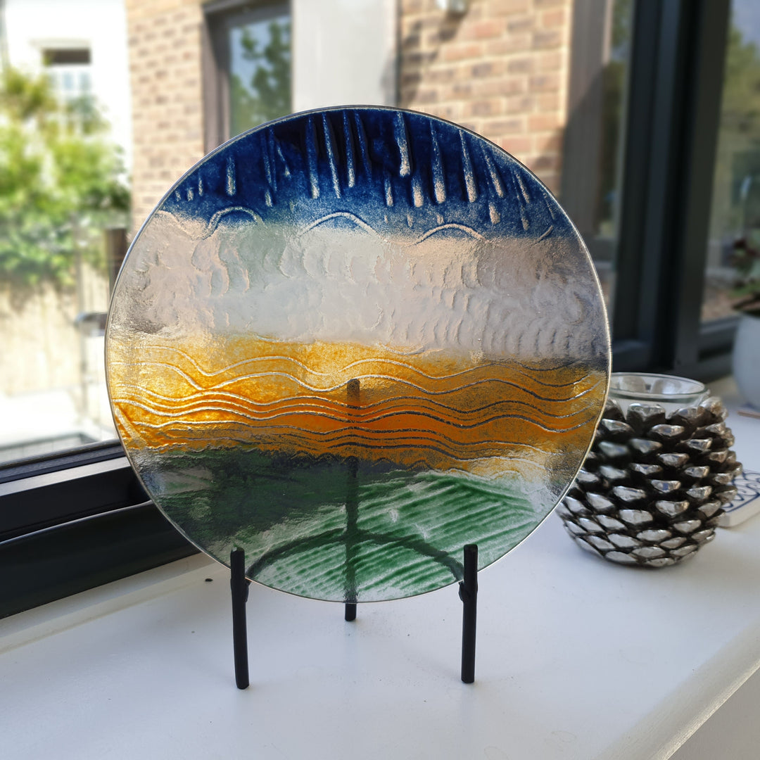 Fused Glass Bowl with Sussex Colours of Blue, White, Green and Brown