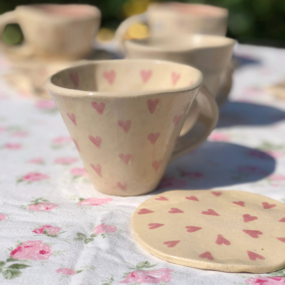 Hand Built Ceramic Stoneware Heart Hug Cup and Saucer