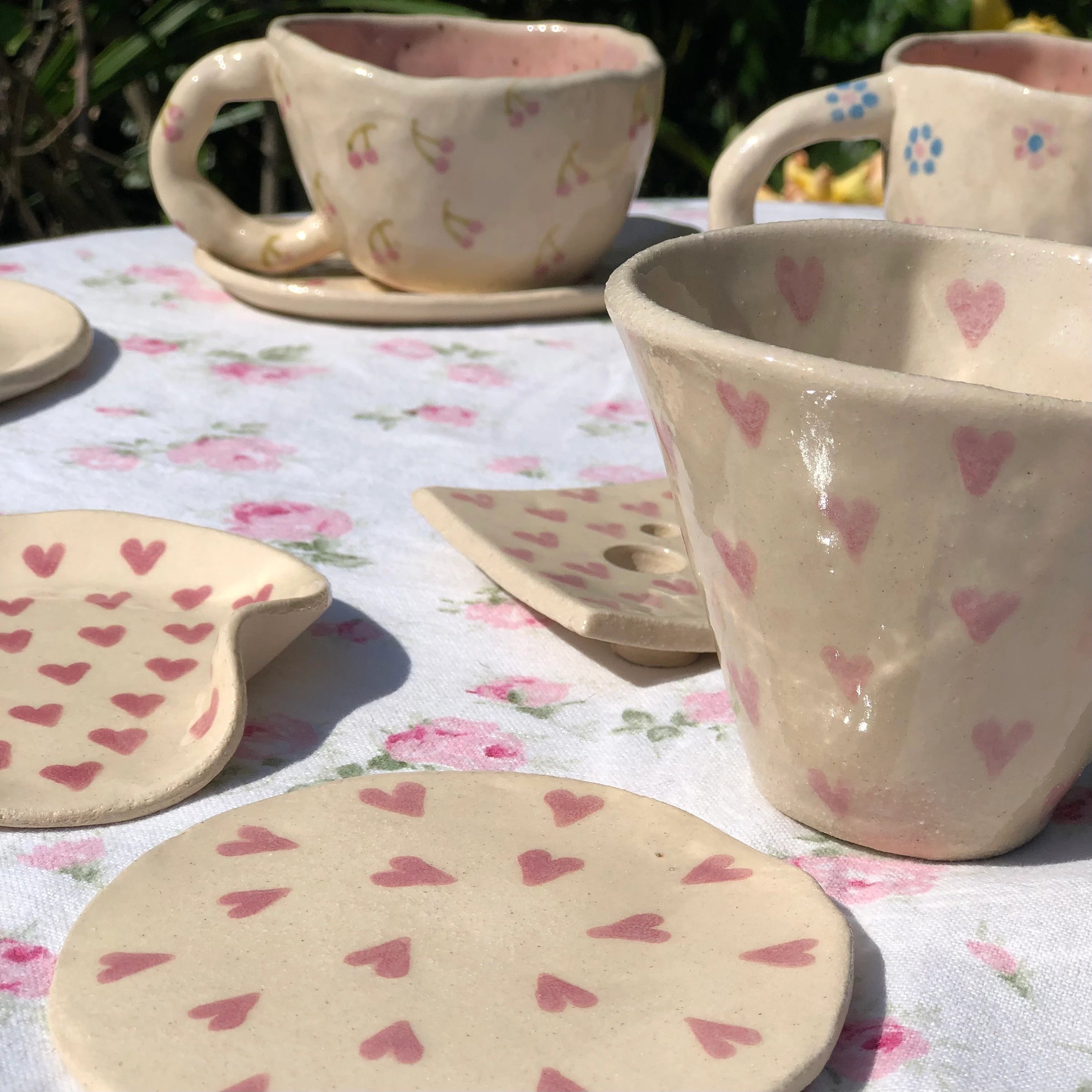 Hand Built Ceramic Stoneware Heart Hug Cup and Saucer