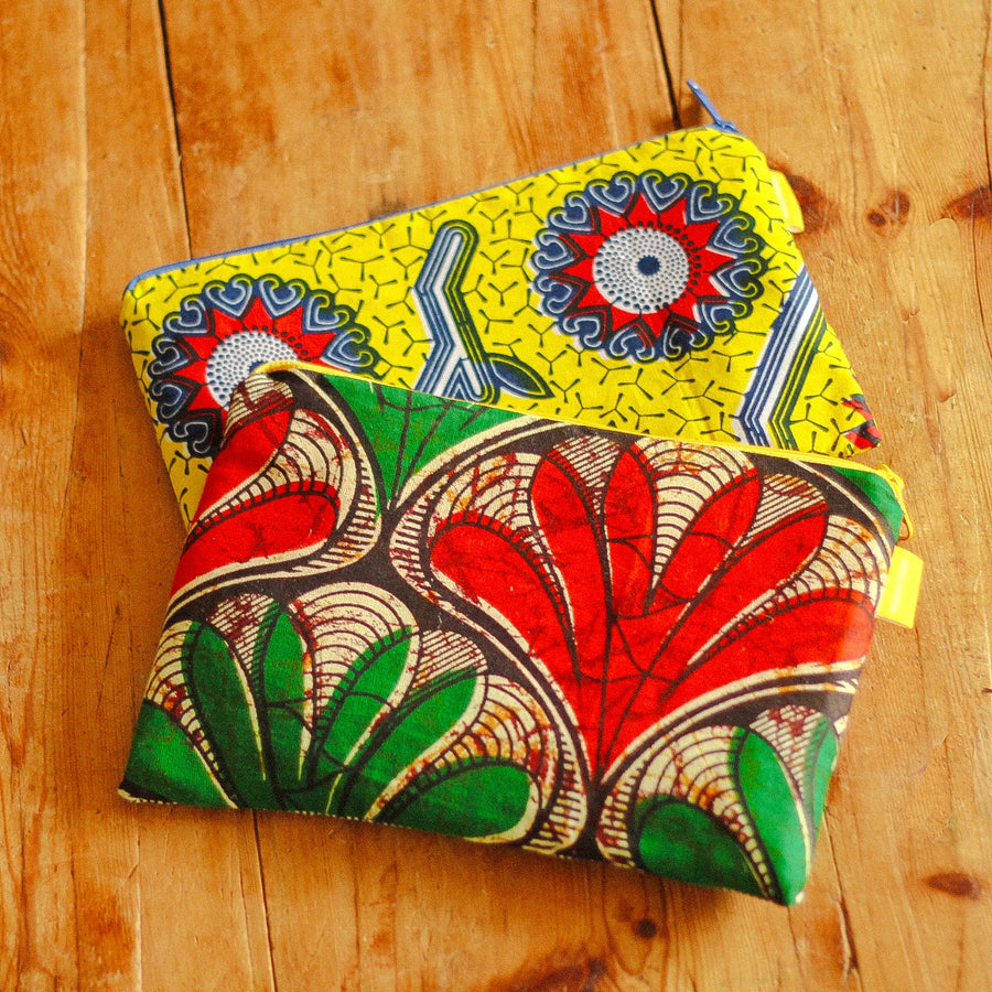 African Print Upcycled Fabric Accessories Case with hessian coffee sack lining.