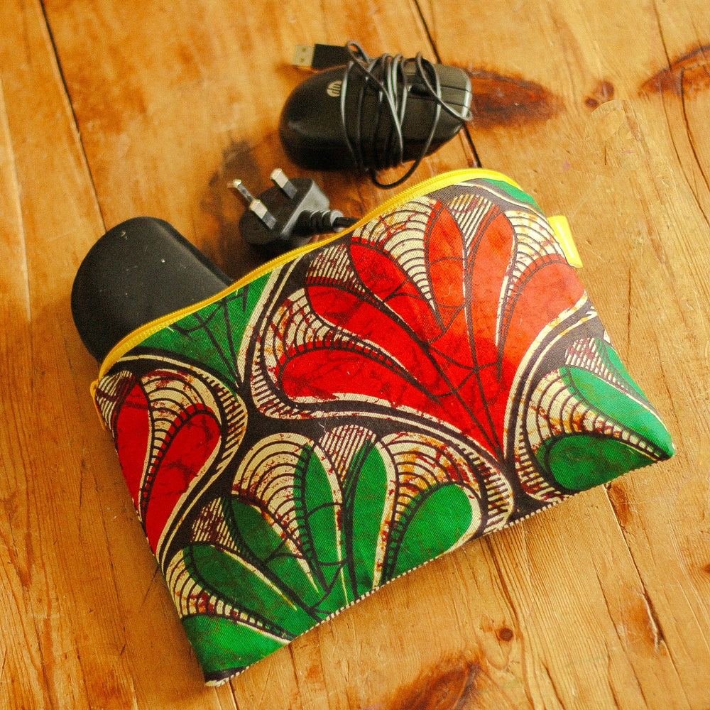 African Print Upcycled Fabric Accessories Case with hessian coffee sack lining.