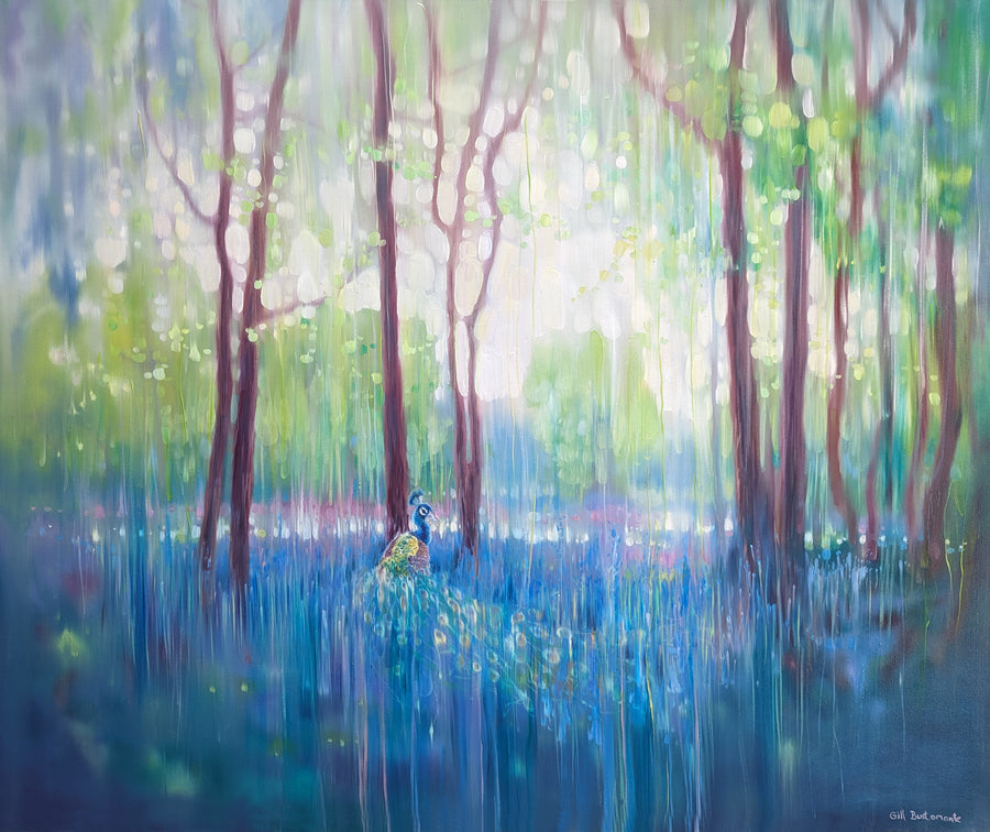 In His Element, a peacock in bluebell landscape painting