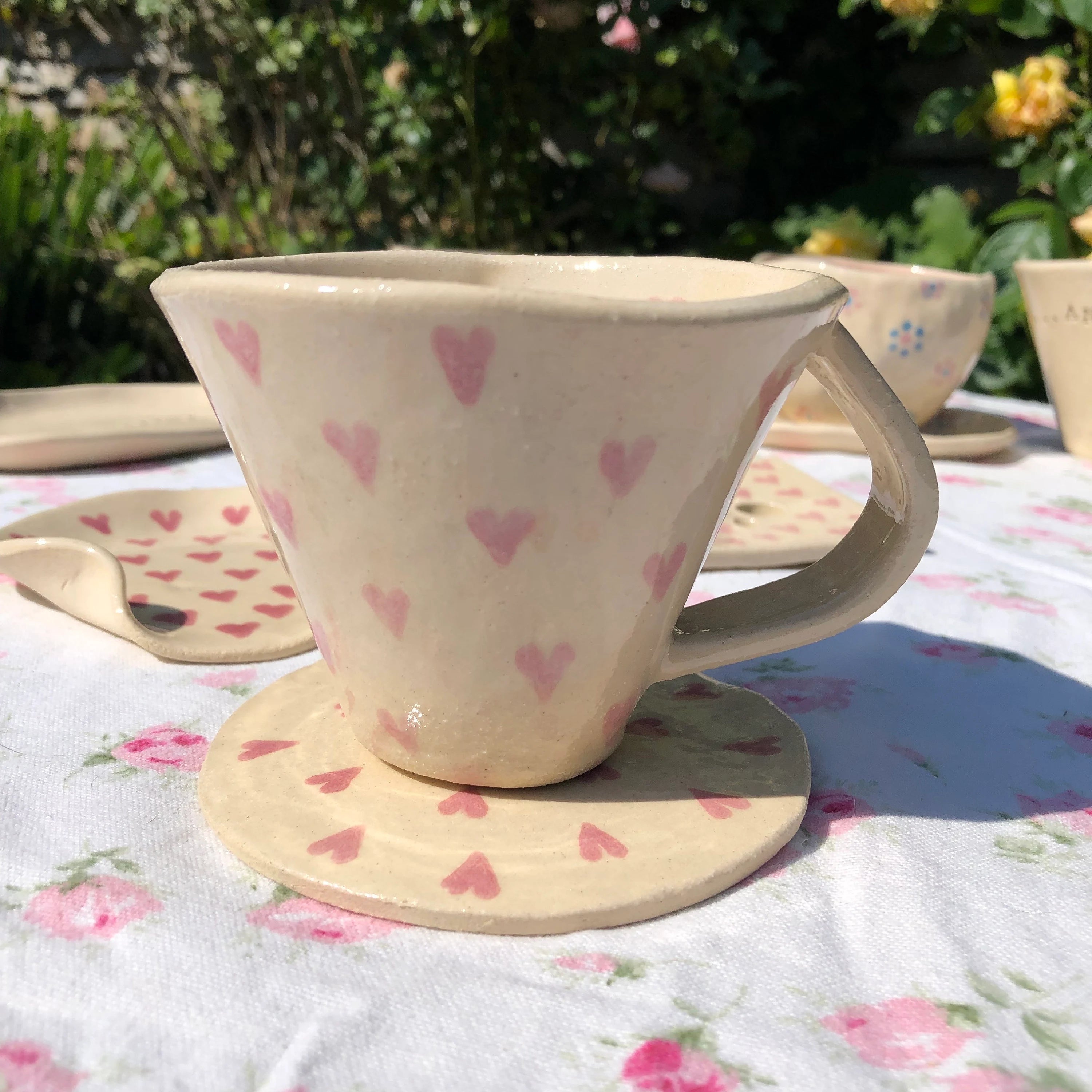 Hand Built Ceramic Stoneware Heart Hug Cup and Saucer