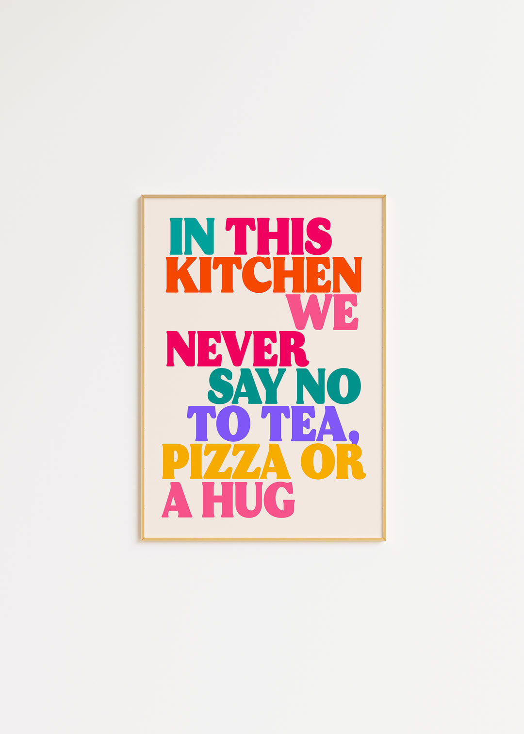 In This Kitchen We Never Say No To Tea, Pizza or a Hug in Yellow Print A3