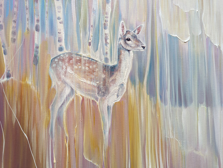 She Dreams is a painting of a deer in a semi-abstract landscape