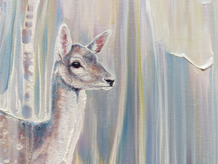 She Dreams is a painting of a deer in a semi-abstract landscape