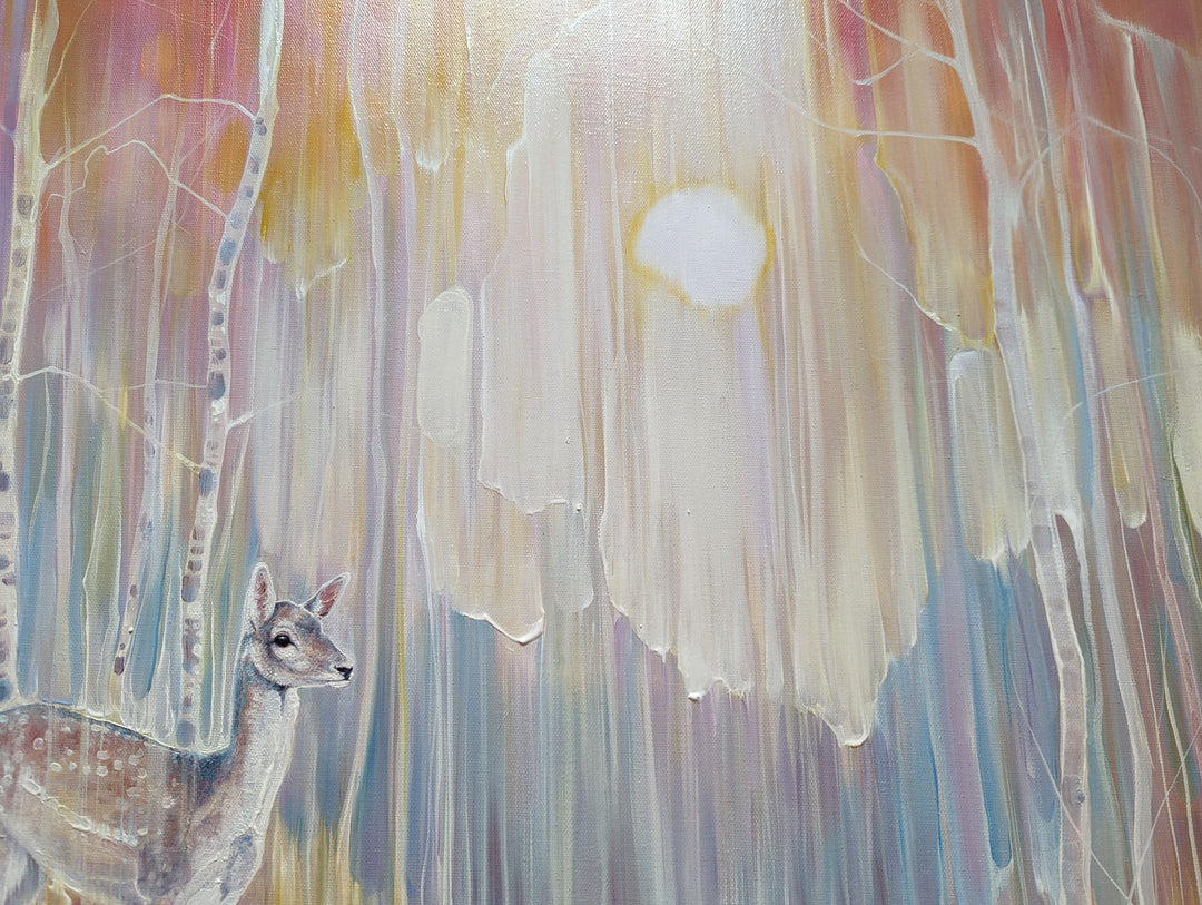 She Dreams is a painting of a deer in a semi-abstract landscape