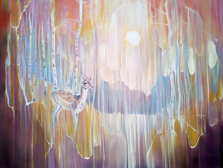 She Dreams is a painting of a deer in a semi-abstract landscape