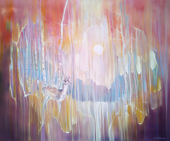 She Dreams is a painting of a deer in a semi-abstract landscape