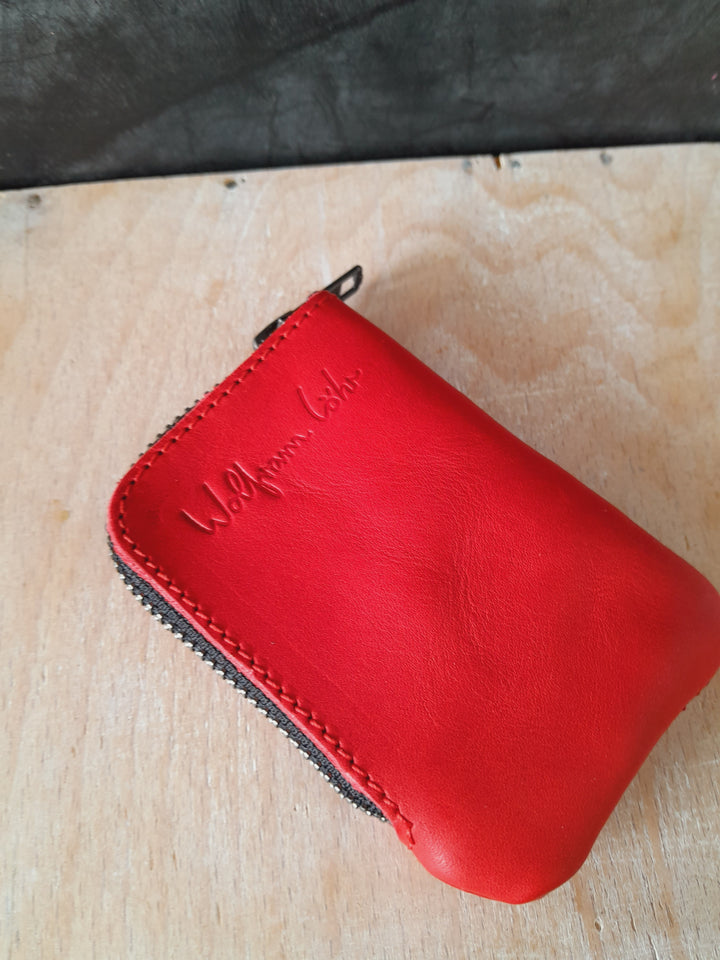 Leather Zip Card Purse Red/Light Tan