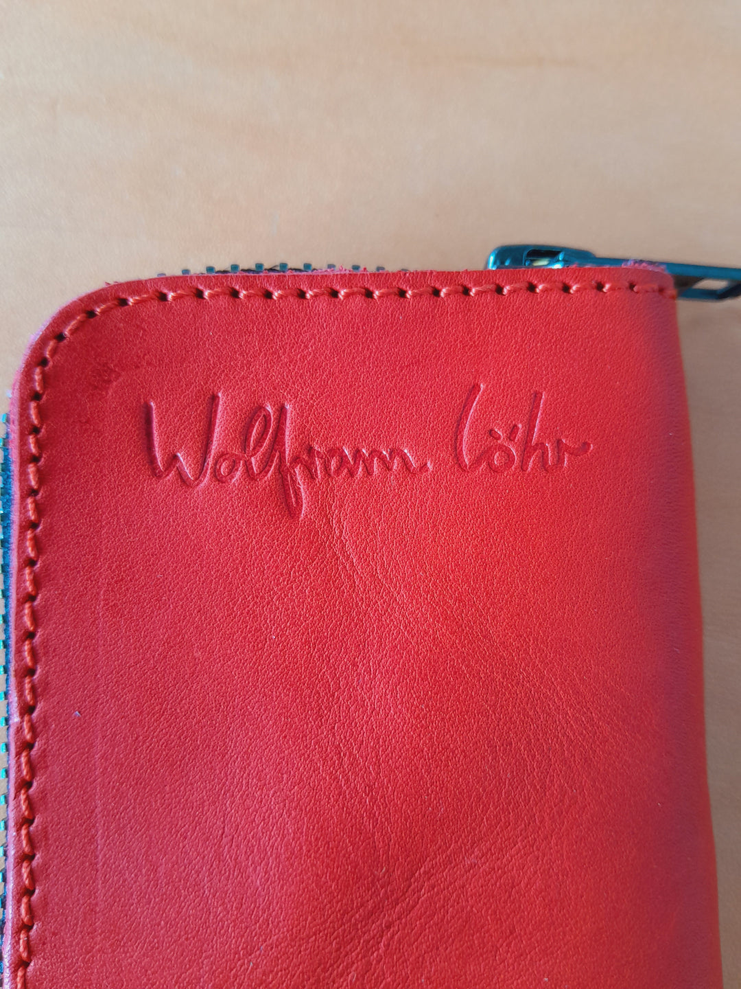 Leather Zip Card Purse Red/Light Tan