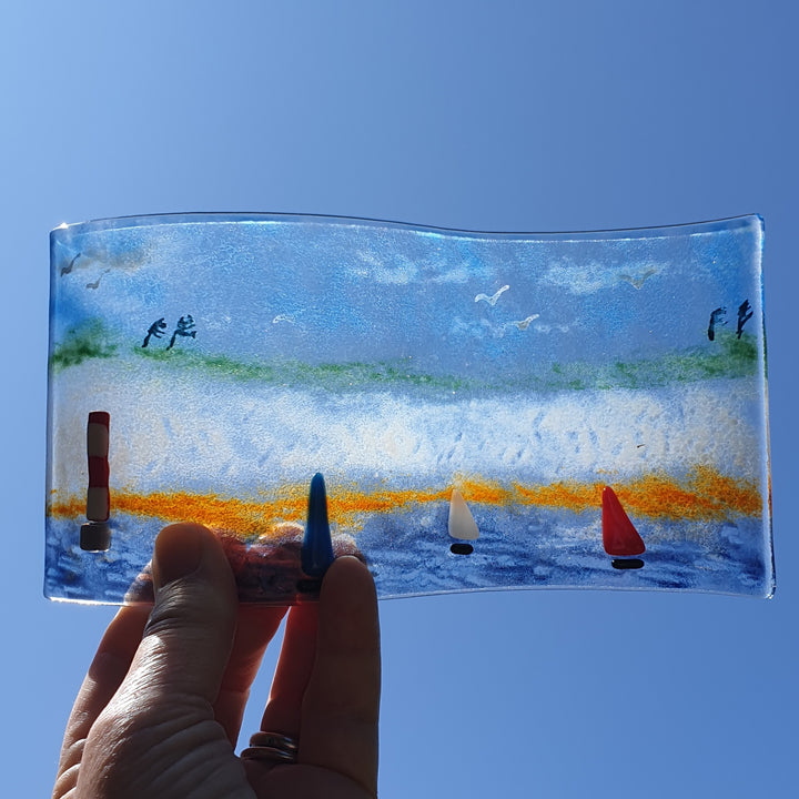 Freestanding Fused Glass Wave Showing Sussex Coastline and Lighthouse