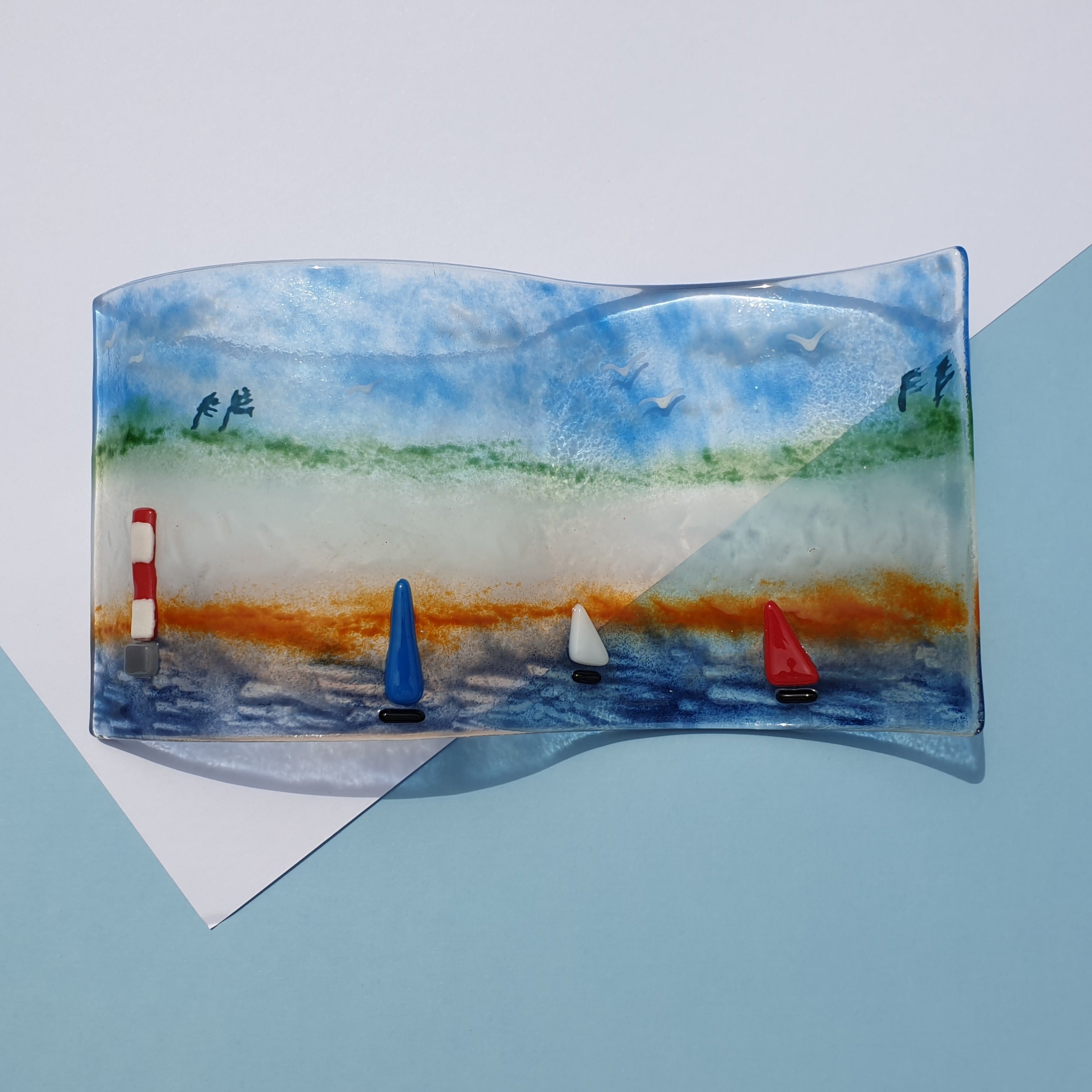 Freestanding Fused Glass Wave Showing Sussex Coastline and Lighthouse