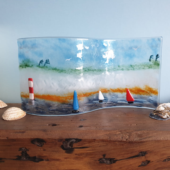 Freestanding Fused Glass Wave Showing Sussex Coastline and Lighthouse