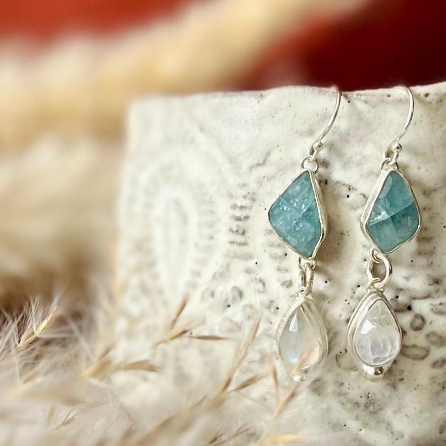 Aquamarine and Moonstone Drop Earrings