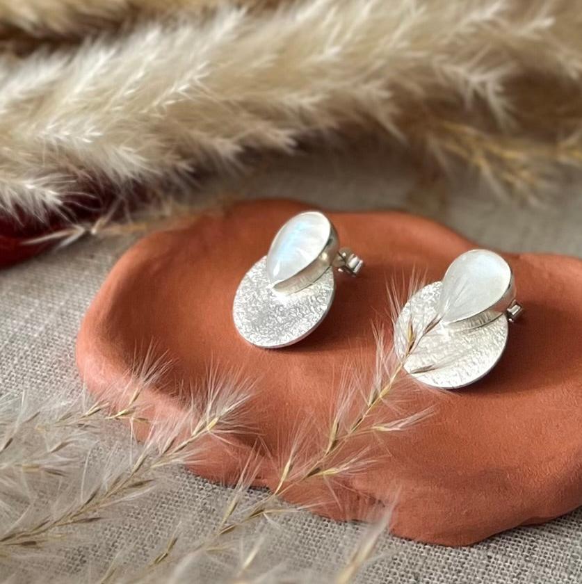 Rainbow Moonstone Shield Stud Earrings