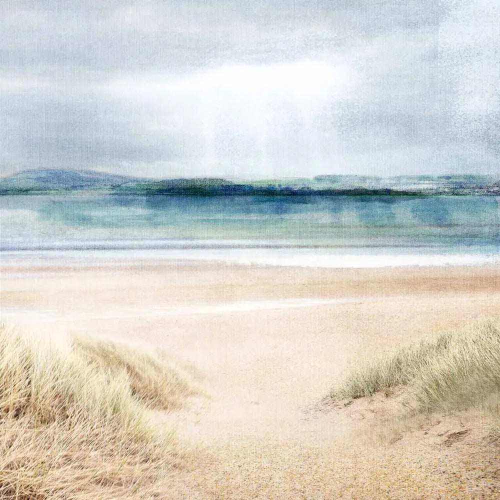 Monifieth Beach print which is a Scottish landscape of a relaxing beach, with sand dunes in the foreground, lots of pale sand, the sea which is a pale blue-green in the background and the small hills of Fife visible in the distance. There is a shaft of sunlight streaking through the clouds at the top of the print.