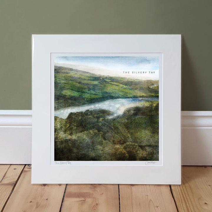 The Silvery tay is a mostly green coloured art print. the view is from near Kinoull Hill towards the Tay river. The fields have textures in them like knitwear