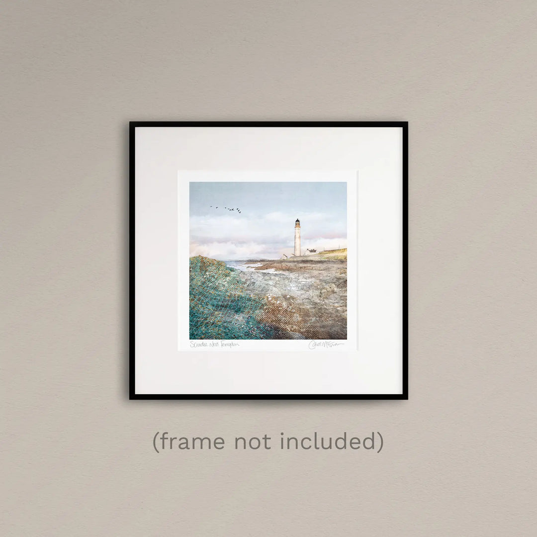 Scurdie Ness lighthouse print in a thin black frame on a beige wall