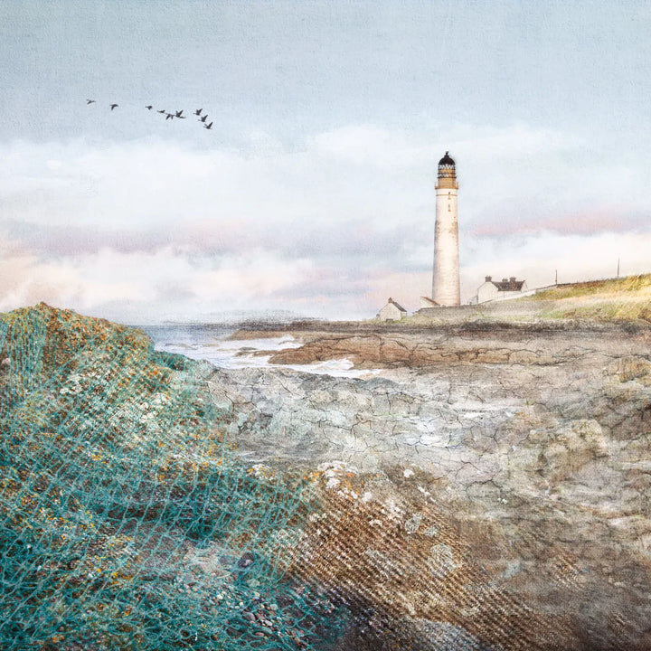 Scurdie Ness, Ferryden by Carol McEwan. An artwork of a lighthouse with rocks and fishing net textures in teh foreground. Blue and pink sky with geese flying in the top corner