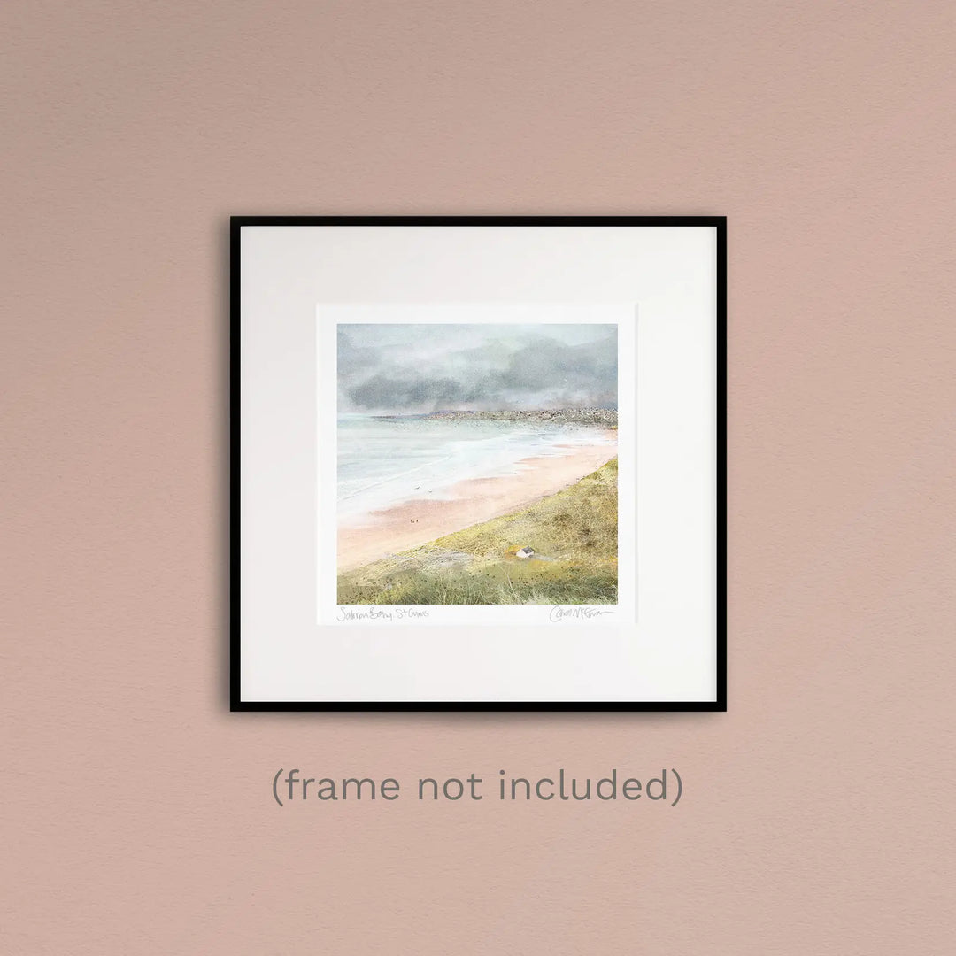 Salmon Bothy St Cyrus print by Carol McEwan in a thin black frame on a peach coloured wall