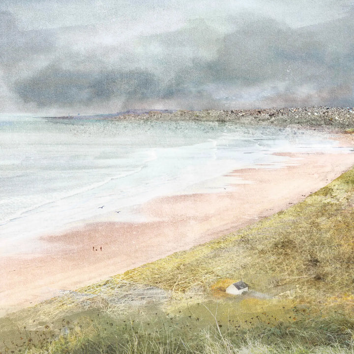 a wide angle view of St Cyrus beach from a cliff with a wee salmon bothy that looks like a cottage in the foreground. there's grey clouds in the distance and overall the colours are bright but muted.