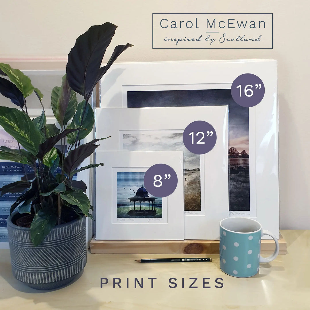 Carol McEwan Art print sizes. Detailed description of the 3 sizes of prints available - 8", 12" & 16"