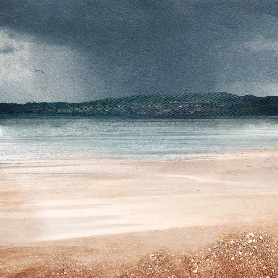 art print of beach scene with rain clouds in the distance. Sand is peachy pink and the sea is a pale green with the sky being a dark blue