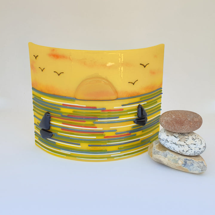 Fused Glass Seaside Sunset Curve