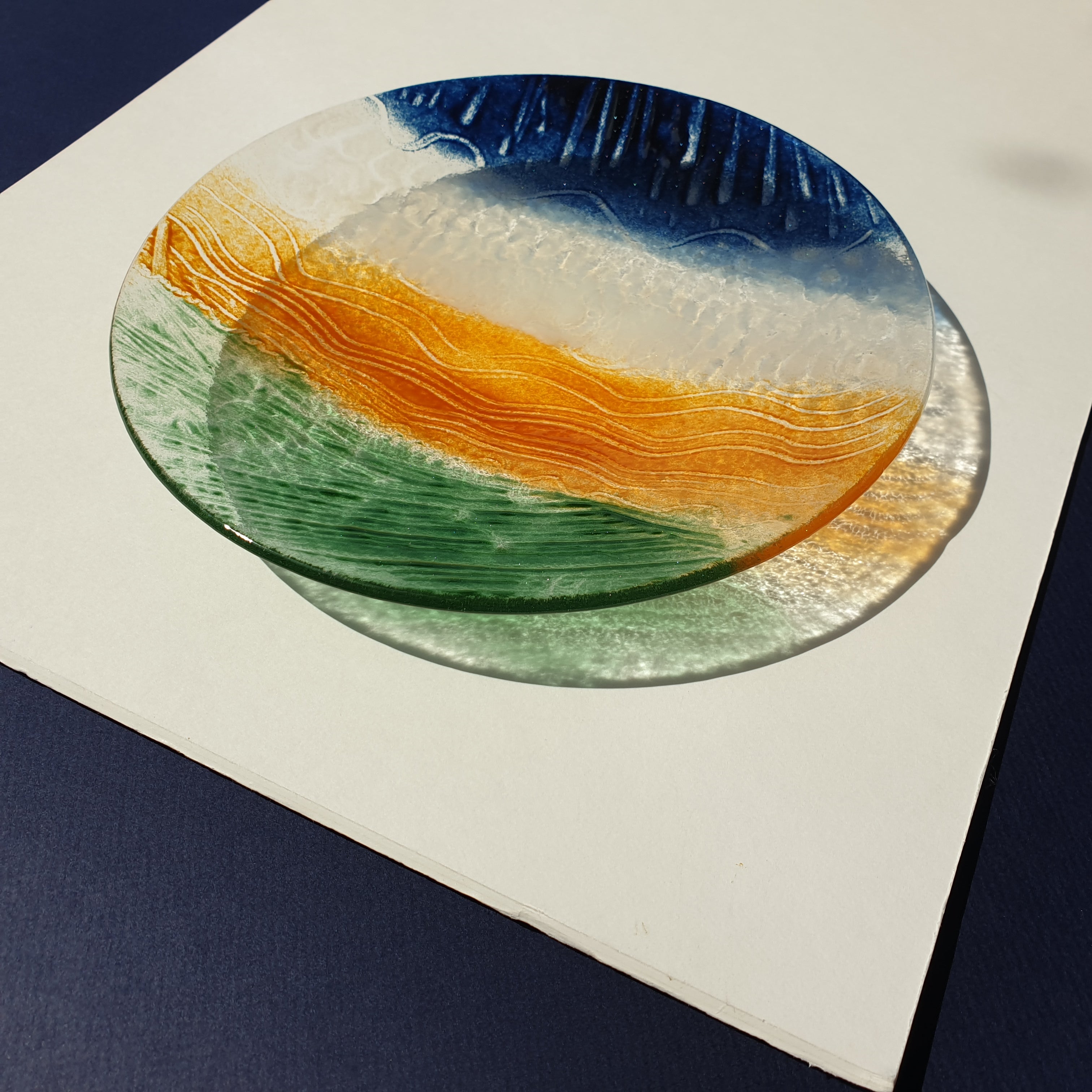 Fused Glass Bowl with Sussex Colours of Blue, White, Green and Brown